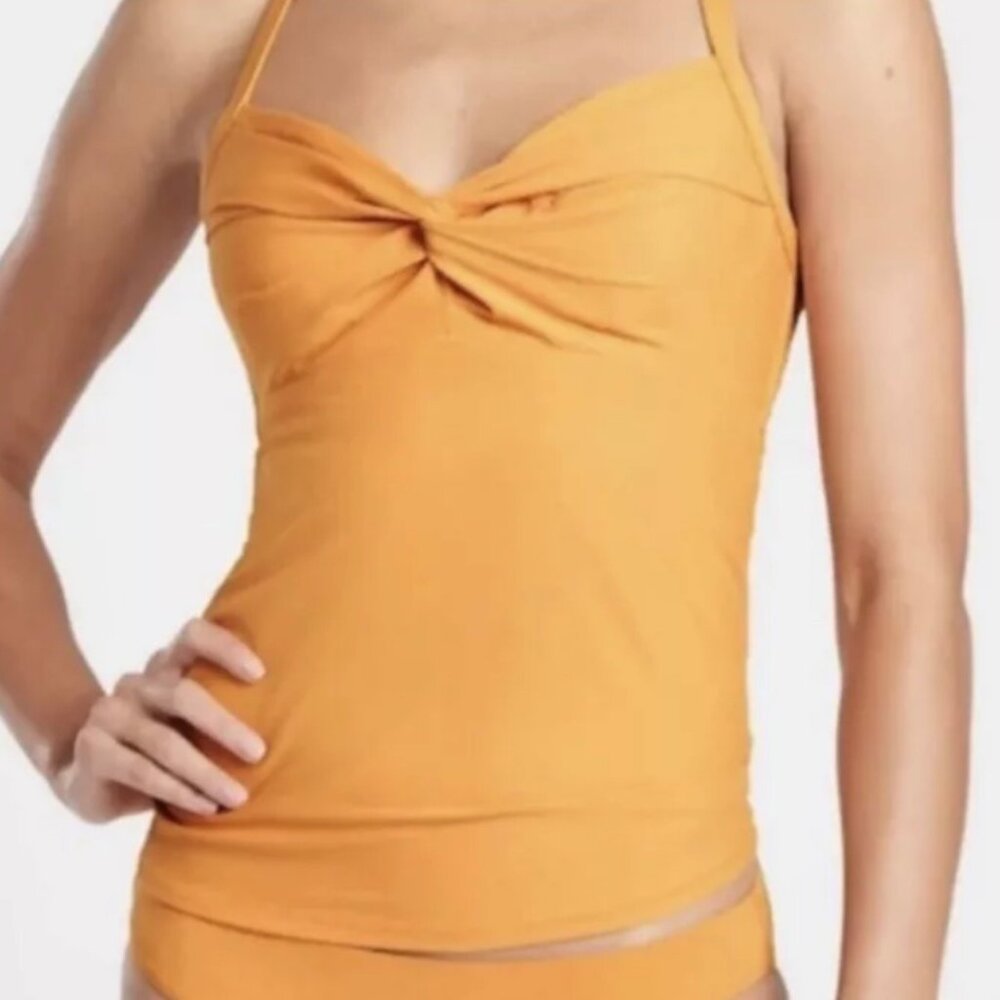 Athleta Twist Up Tankini Top Swim Strappy Size 36 D/DD Underwire Mustard Yellow